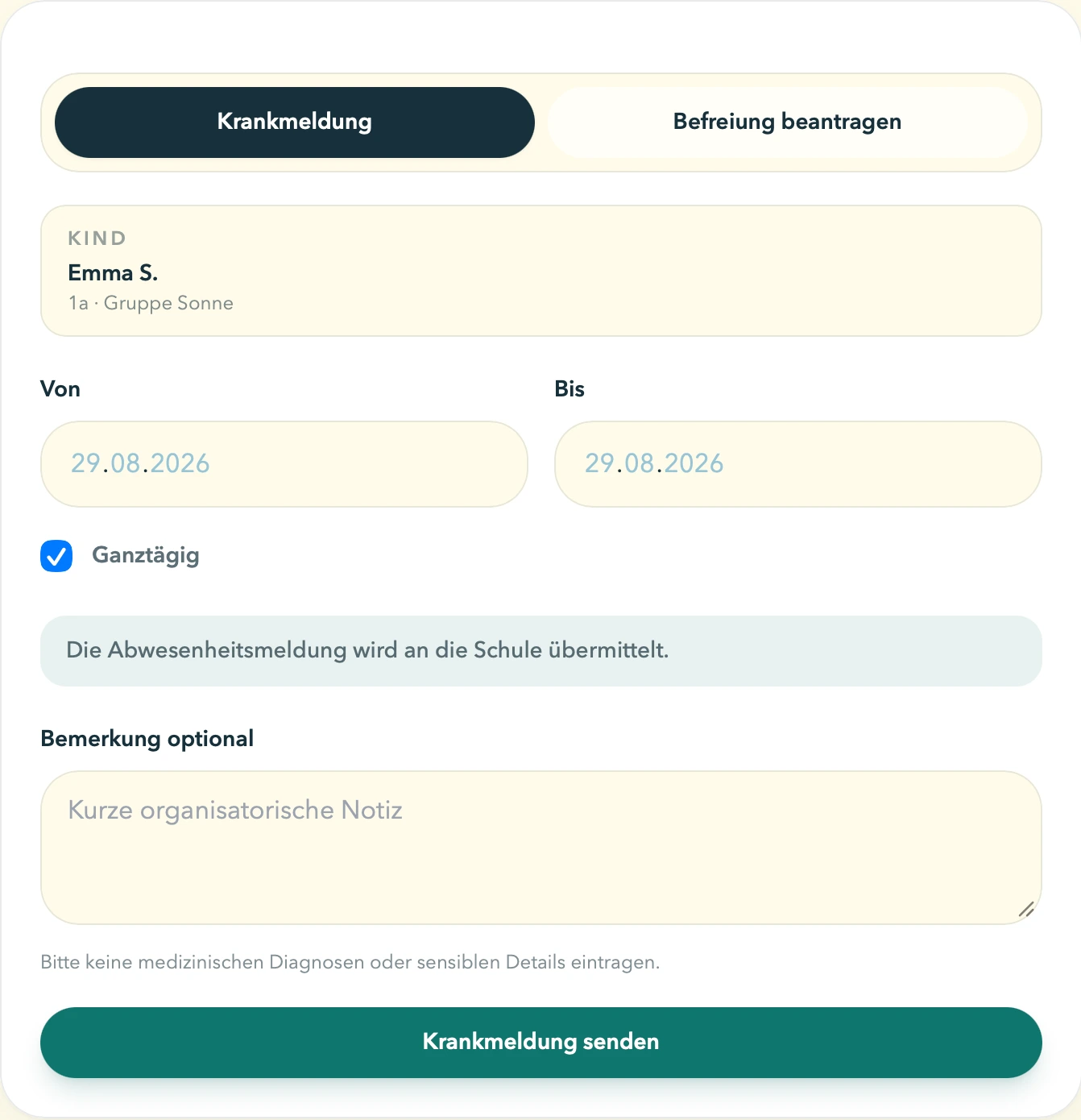Formular für eine Krankmeldung oder einen Befreiungsantrag