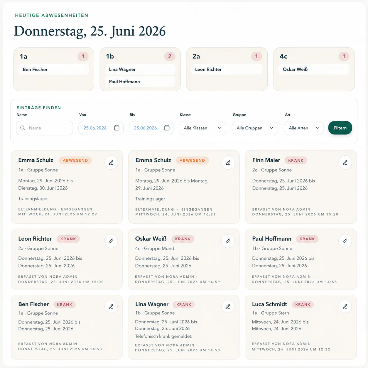 Abwesenheitsübersicht mit heutigen Abwesenheiten, Filterzeile und Einträgen