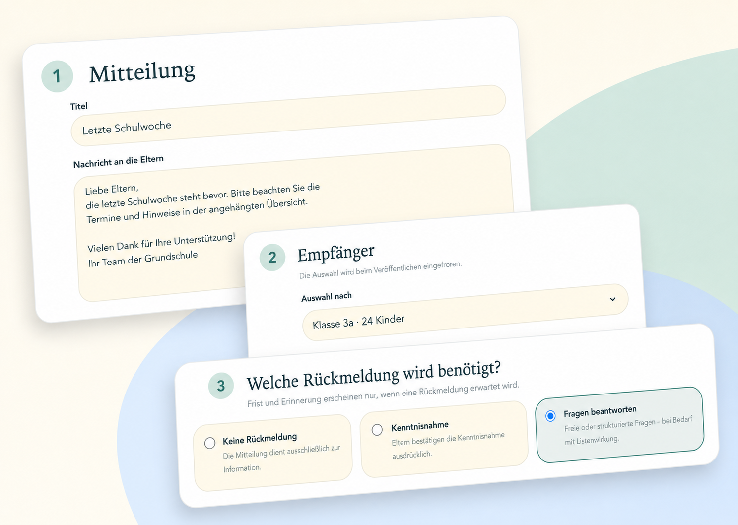 Elternnachricht in drei Schritten: Mitteilung, Empfänger und gewünschte Rückmeldung