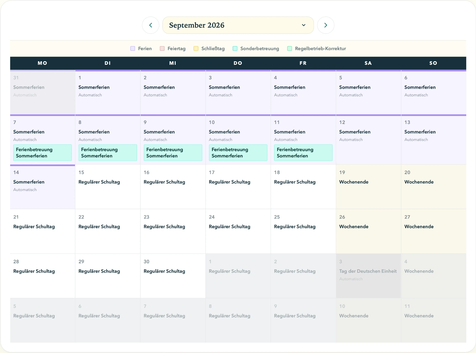 Kalender mit angelegter Ferienbetreuung während der Sommerferien