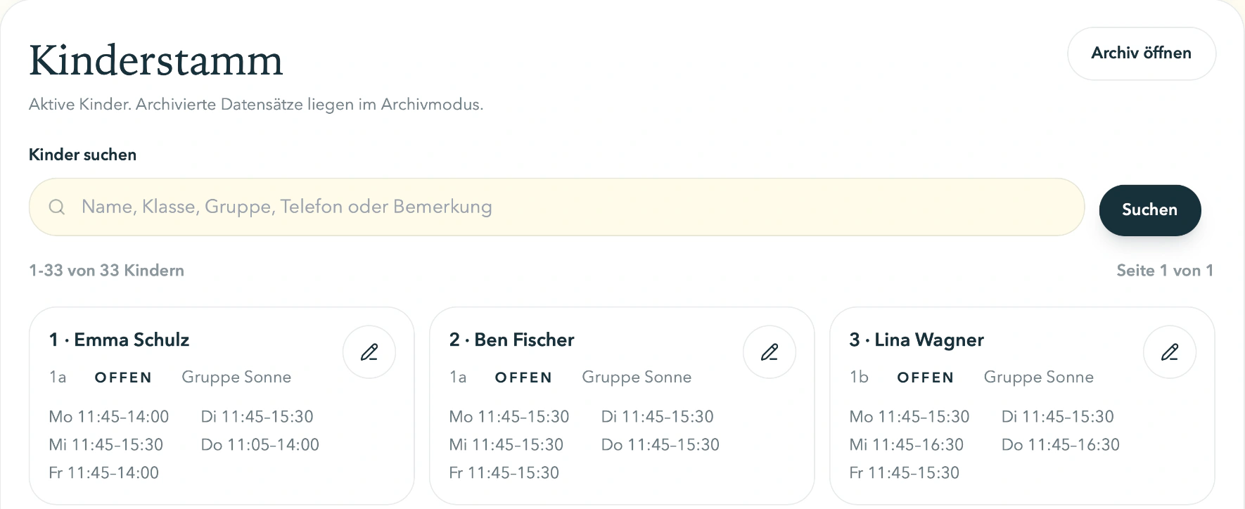 Kinderstamm mit Suche, Archivzugang und den ersten drei Schülerdatensätzen