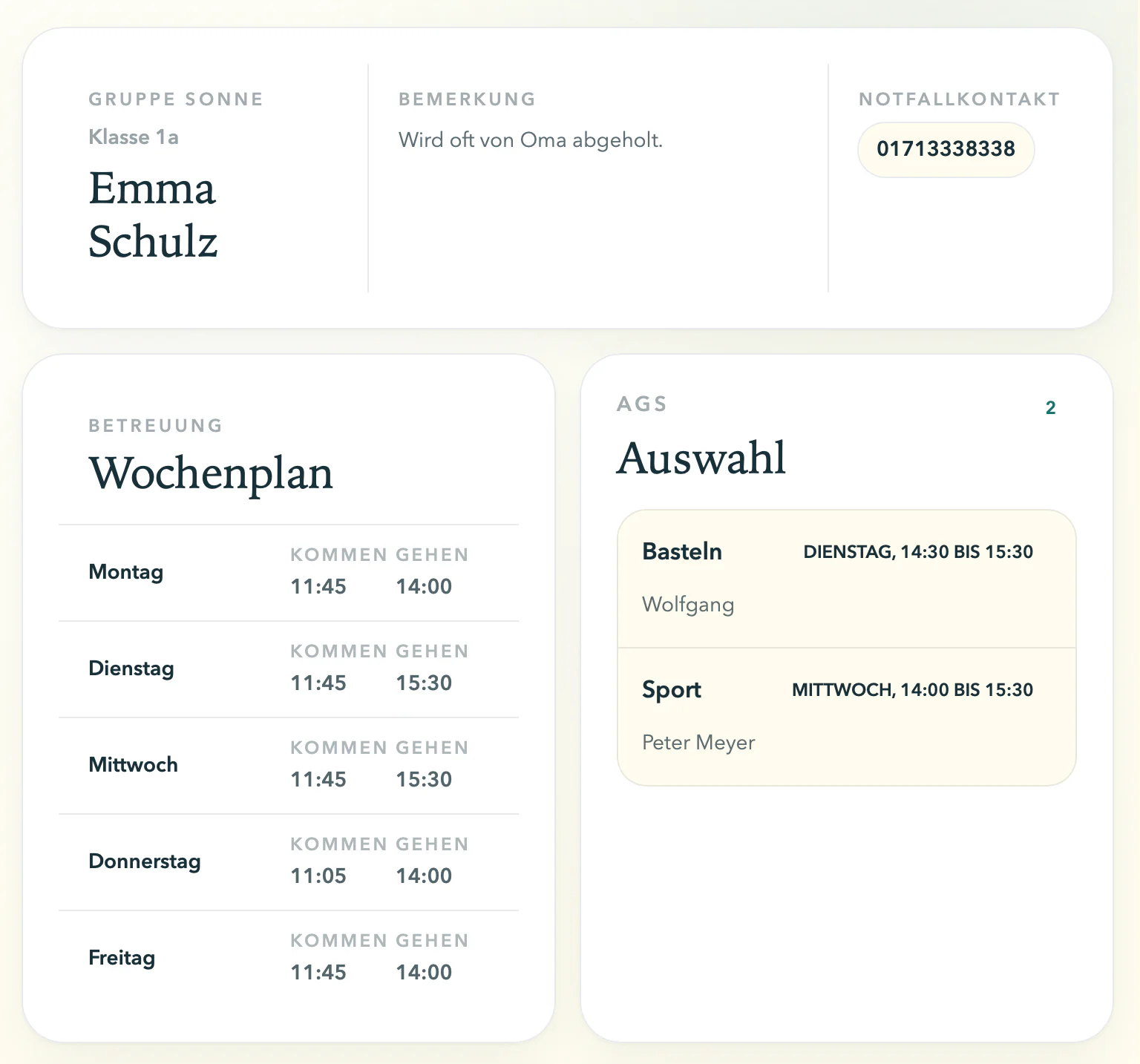 Kindprofil mit Wochenplan, AG-Auswahl, Bemerkung und Notfallkontakt