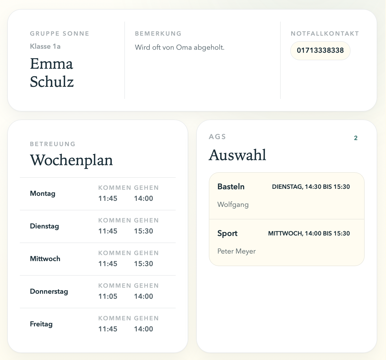 Kindprofil mit Wochenplan, AG-Auswahl, Bemerkung und Notfallkontakt