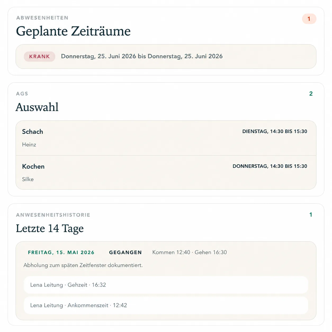 Kindübersicht mit geplanten Zeiträumen, AG-Auswahl und Anwesenheitshistorie