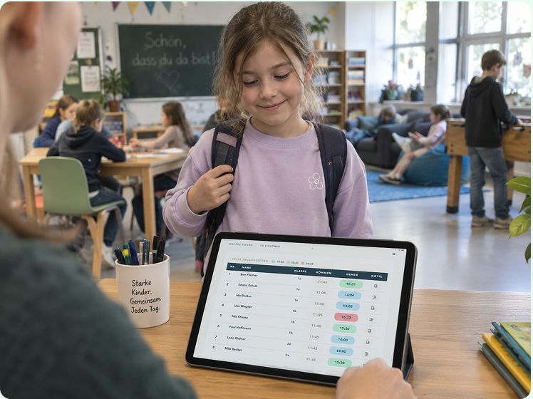 Mitarbeiterin nutzt die Ganztagsboard Tagesansicht im Schulalltag