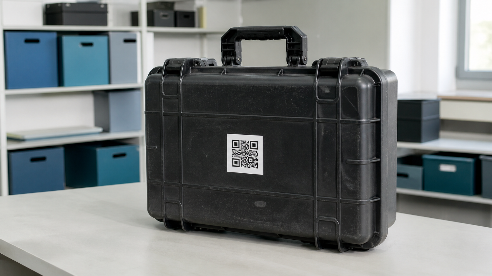 Tablet-Transportkoffer mit QR-Code in einem schulischen Medienraum