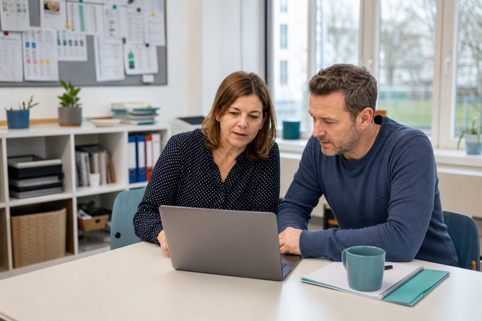 Zwei Mitarbeitende besprechen Zuständigkeiten am Laptop