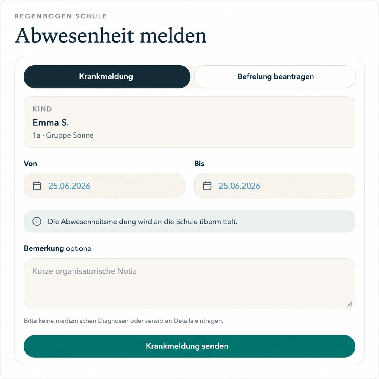 Formular zum Melden einer Abwesenheit mit Krankmeldung, Befreiung und Datumsfeldern