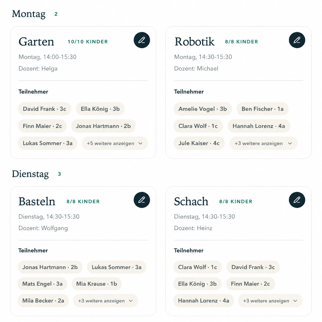 Übersicht der heutigen AGs mit Angeboten, Zeiten, Dozenten und Teilnehmenden