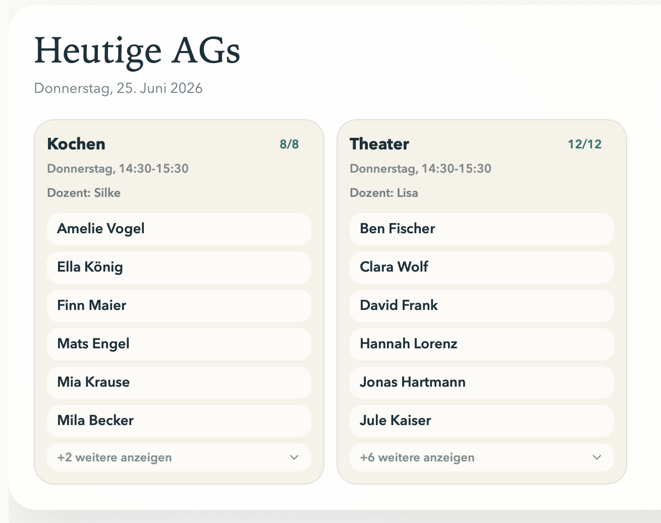 Heutige AGs mit Zeiten, Dozenten und aktuellen Teilnehmendenlisten